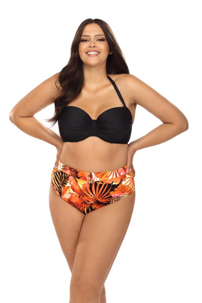 Dviejų dalių maudymosi kostiumas PLUS SIZE juoda liemenėlė su nuimamomis petnešėlėmis ir atogrąžų rašto kelnaitėmis L2408/2