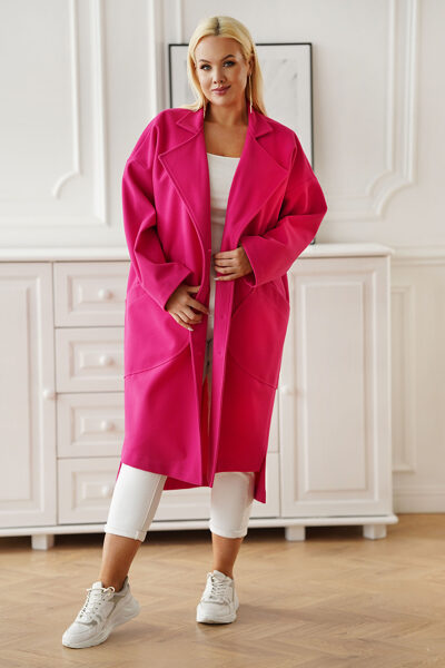 ROŽINIS ILGAS PALTAS SU APYKAKLE IR DIDELĖMIS KIŠENĖMIS - ARIEN - PREMIUM KOKYBĖ