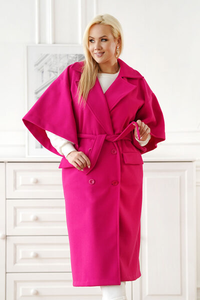 ROŽINIS PALTAS SU APYKAKLE IR PLAČIOMIS RANKOVĖMIS - AURIN