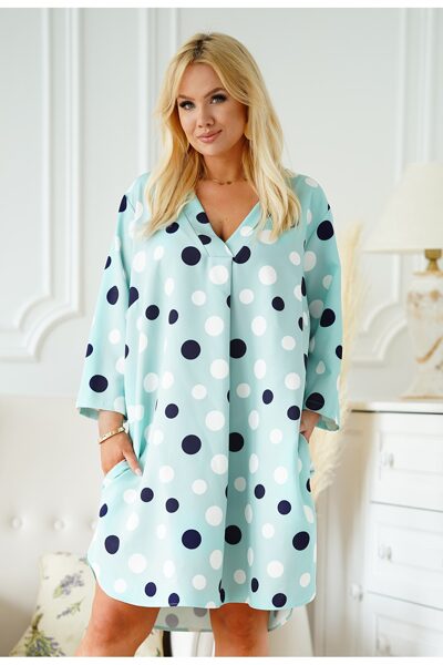 Mėtinio atspalvio suknelė su baltai - tamsiai mėlynais taškeliais CHIARA