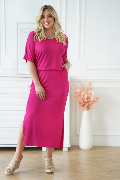 RAUSVOS SPALVOS MAXI SUKNELĖ SU SKELTUKU IR ELASTINE JUOSTA FLERI