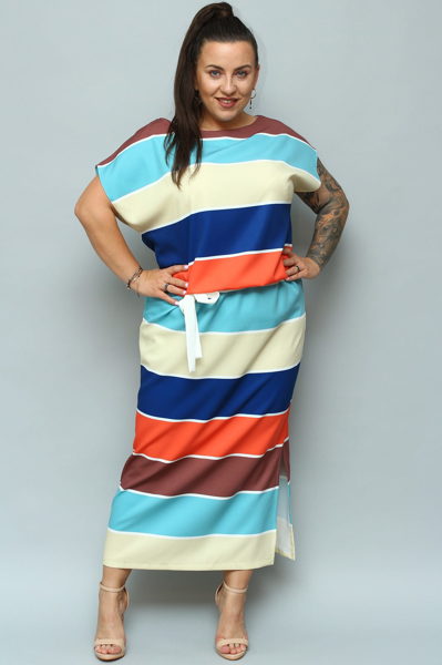 Dryžuota spalvota suknelė su juostele Italy Long Smėlio-tamsiai mėlyna-oranžinė atspalviai