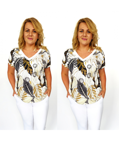 Medvilninis laisvalaikio kostiumėlis su lapų ornamentais ir baltomis kelnėmis JURA