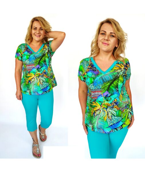 Medvilninis laisvalaikio kostiumėlis su lapų ornamentais ir mėtų spalvos kelnėmis JURA