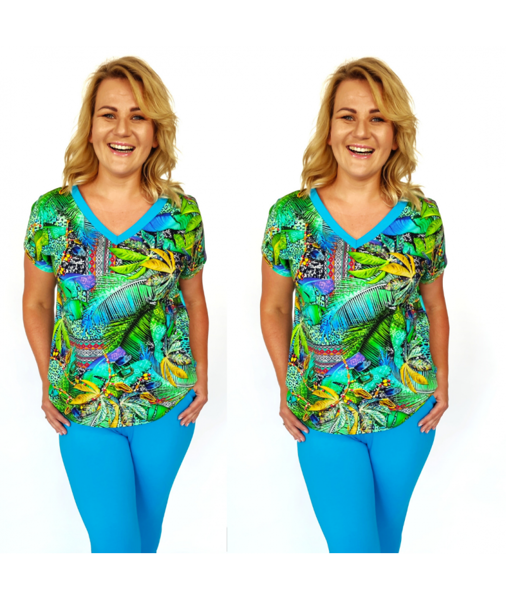 Medvilninis laisvalaikio kostiumėlis su lapų ornamentais ir turkio spalvos kelnėmis JURA