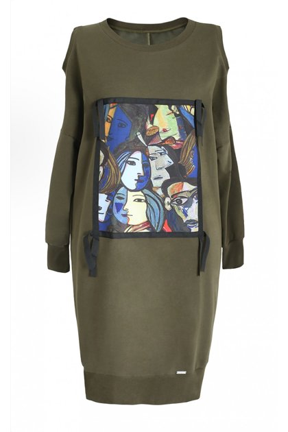 Khaki atspalvio suknelė su spalvota grafika KEYS