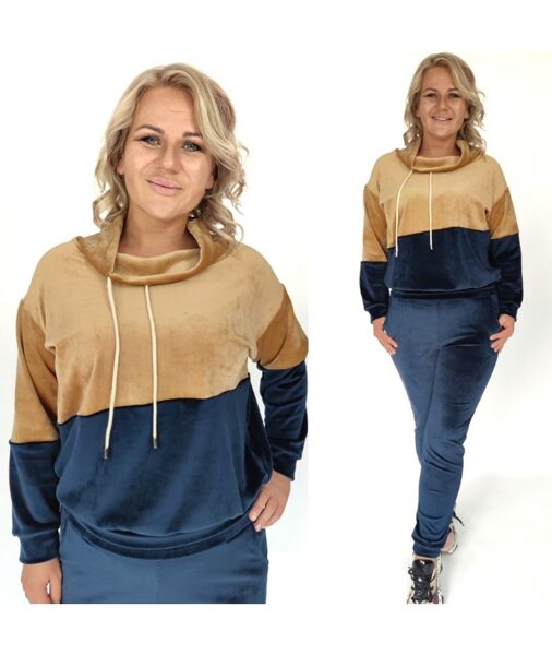 KARAMELINIS TAMSIAI MĖLYNAS VELIŪRINIS SPORTINIS KOSTIUMAS MALVINA