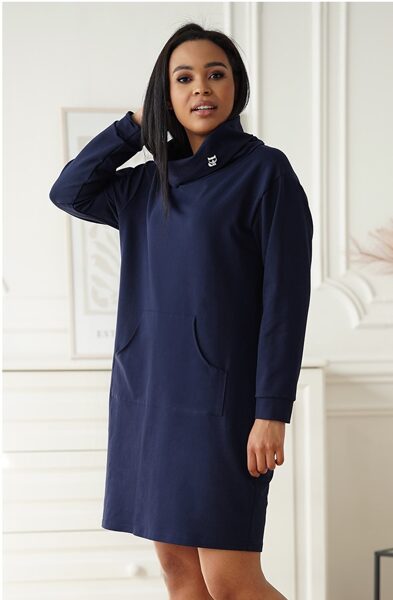 TAMSIAI MĖLYNA MEDVILNINĖ SUKNELĖ SU PUSGOLFIU - NATALIEN