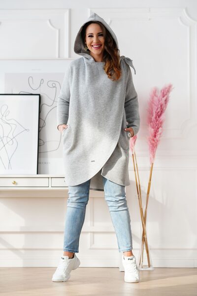 Šviesiai pilkas šiltas bliuzonas Plus Size su gobtuvu NEVA