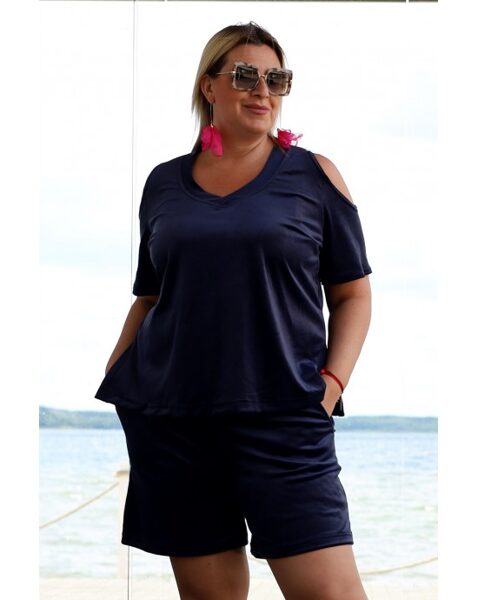 Tamsiai mėlynos spalvos veliūrinis laisvalaikio kostiumėlis (su šortais arba sijonu) ROLANDA dl-19