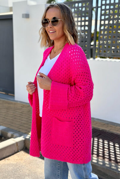 FUKSIJOS ATSPALVIO TRUMPESNIS KARDIGANAS SU KIŠENĖMIS SANTIAGO