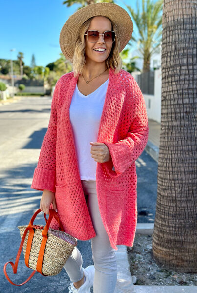 KORALINIO ATSPALVIO TRUMPESNIS KARDIGANAS SU KIŠENĖMIS SANTIAGO