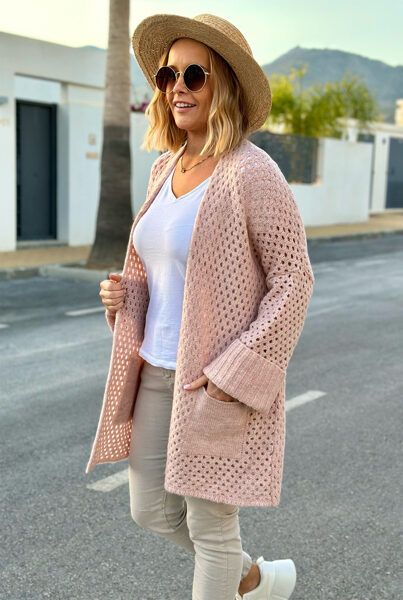 PASTELINIAI ROŽINIO ATSPALVIO TRUMPESNIS KARDIGANAS SU KIŠENĖMIS SANTIAGO