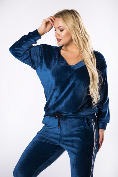 Mėlynas veliūrinis laisvalaikio kostiumėlis su juosta URSULE