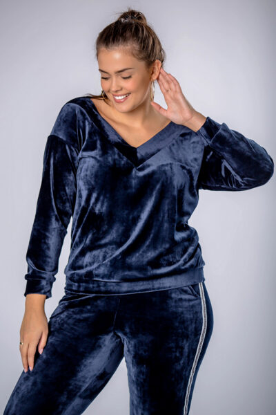 Tamsiai mėlynas veliūrinis laisvalaikio kostiumėlis su juosta URSULE